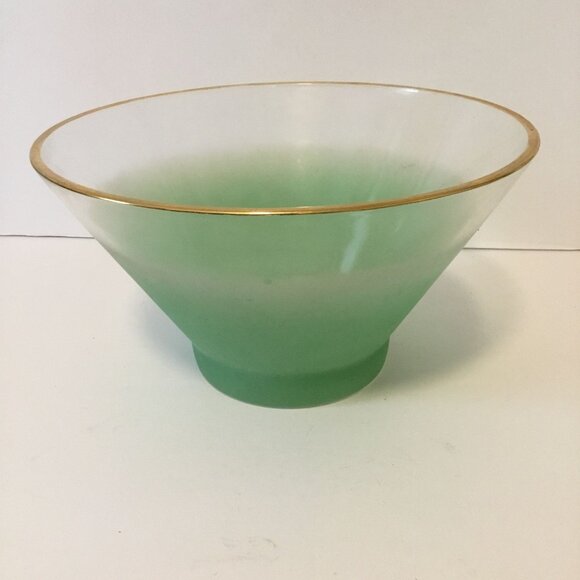 VTG BLENDO Green Ombre Glass Bowl 11" Gold Rim Midcentury Modern Tapered MCM - Picture 12 of 13